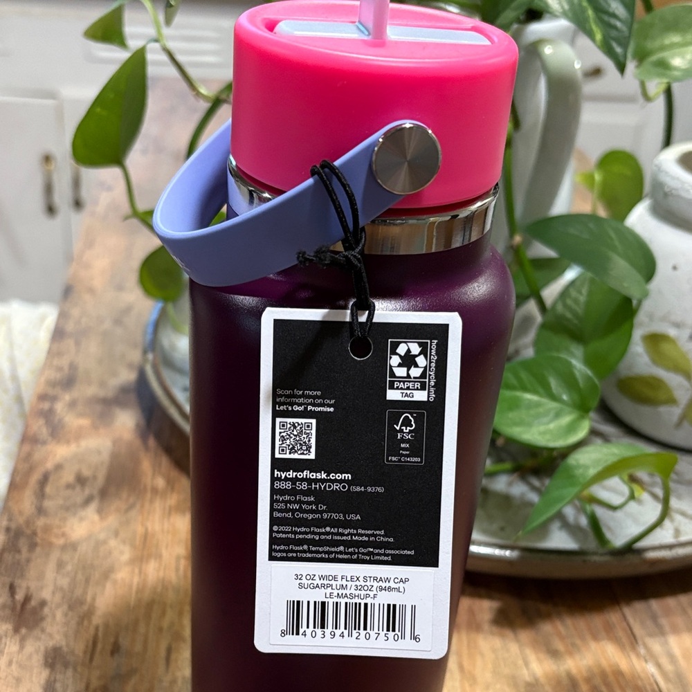 Hydro Flask Plum Bottle with Pink Lid and Handle - Picture 4 of 9